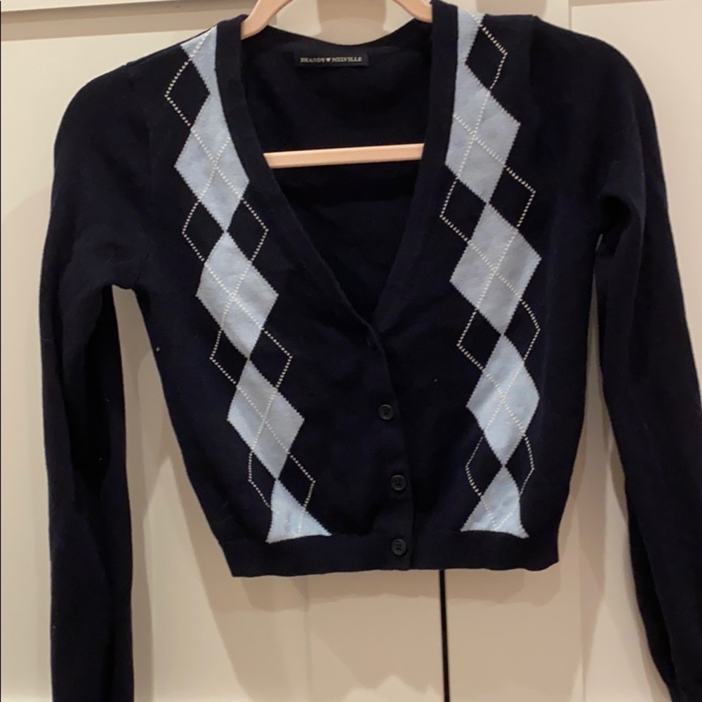 Navy Knitted Sweater with Blue Checkered Pattern